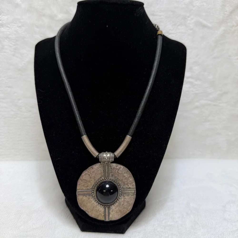 Vintage Brutalist Statement Necklace Black Cabochon Silver Tone Medallion Cord